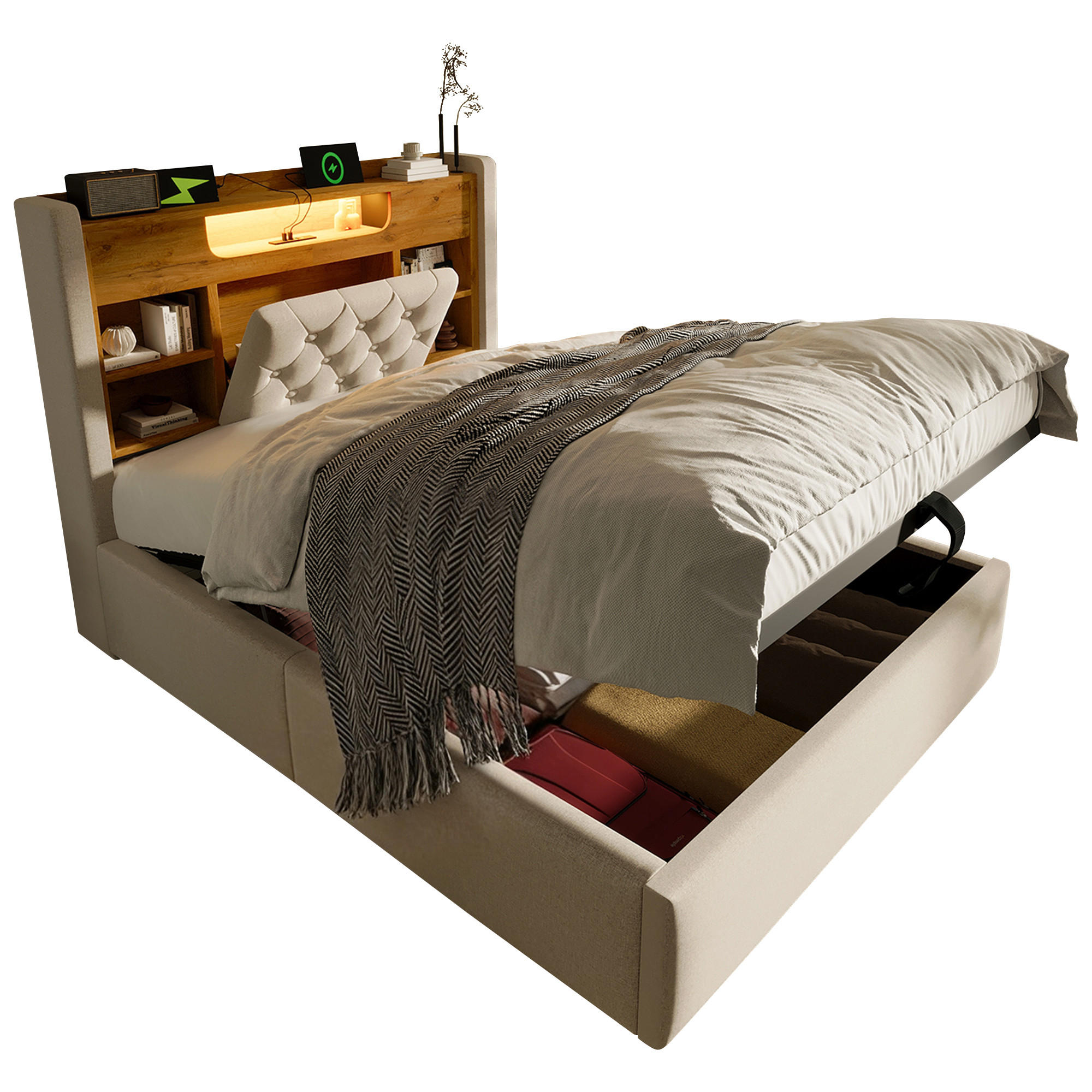 POLSTERBETT 90/200 cm in Beige Leinen mit Bettkasten, LED und USB-C - Beige, Holzwerkstoff/Textil (90/200cm) - WISHDOR