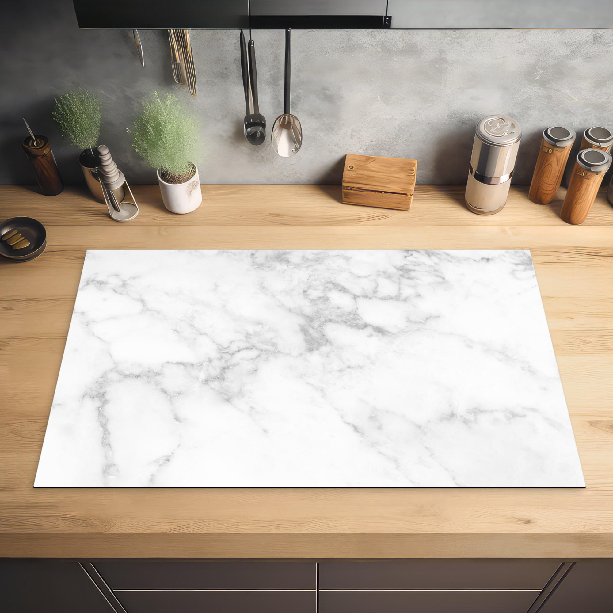 HERDABDECKPLATTE Marmor - Grau - Weiß - Strukturierter Marmor 85x52 cm - Weiß, Kunststoff (85/0.2/52cm) - MuchoWow