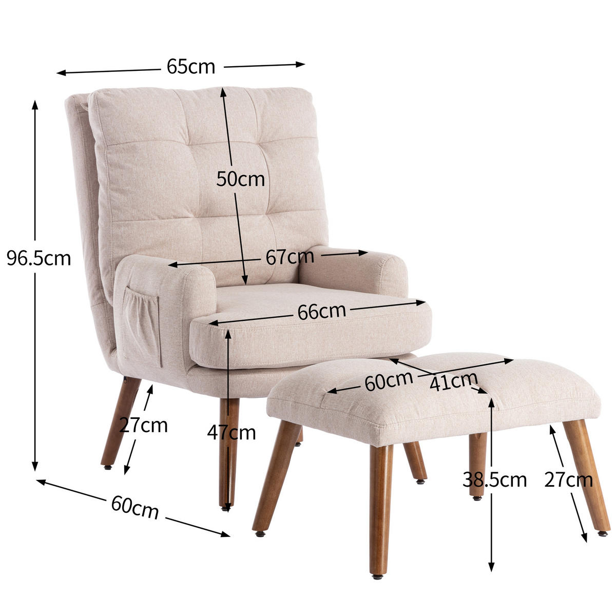 RELAXSESSEL Stoff Beige mit Fußhocker, Seitentasche und verstellbarer Rückenlehne - Beige, Holzwerkstoff/Textil (66/96.5/60cm) - WISHDOR