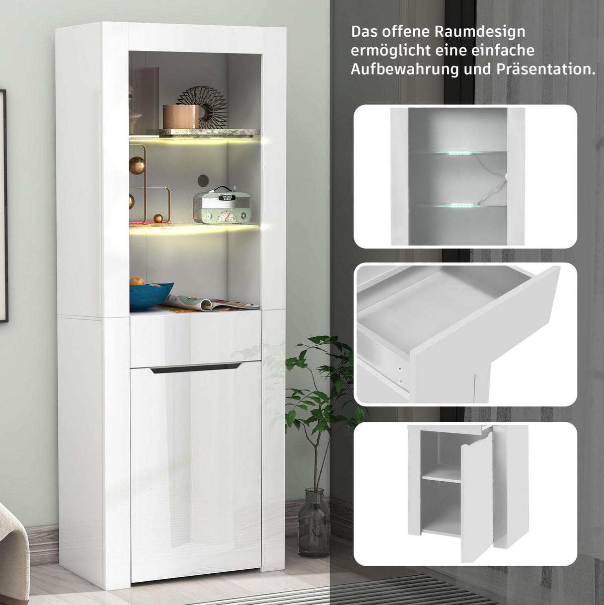 VITRINE 60/35,5/165 cm aus Spanplatte mit LED-Beleuchtung und App-Steuerung Weiß Hochglanz - Weiß, Holzwerkstoff (60/165/35.5cm) - Modenvie