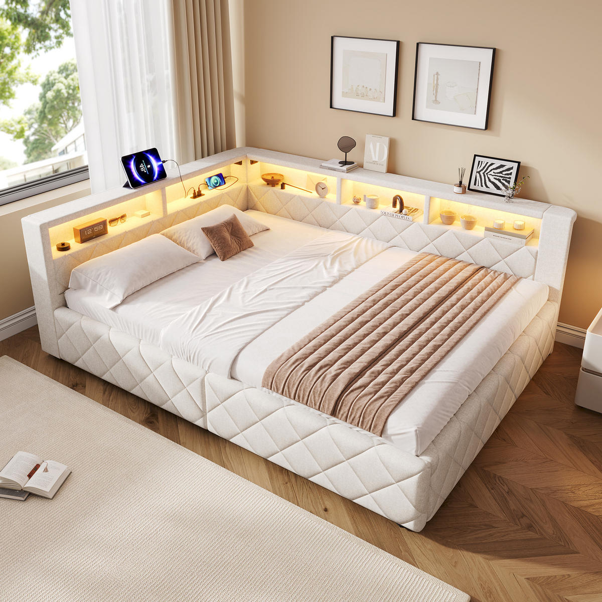 SCHLAFSOFA 140 x 200 cm, Beige, Leinen, LED, USB - Beige, Naturmaterialen (140/200cm) - FLIEKS
