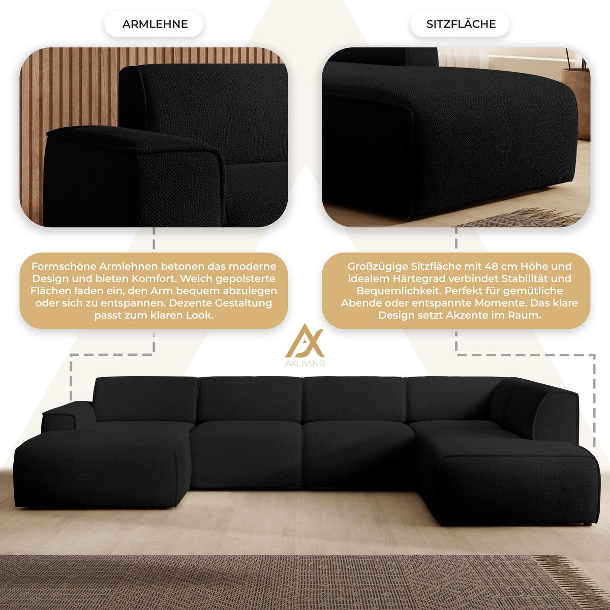 WOHNLANDSCHAFT Didim Schwarz 378/220/78 cm – großes Sofa stilvoll & bequem R - Schwarz, Kunststoff/Textil (378/78/220cm) - AX Living
