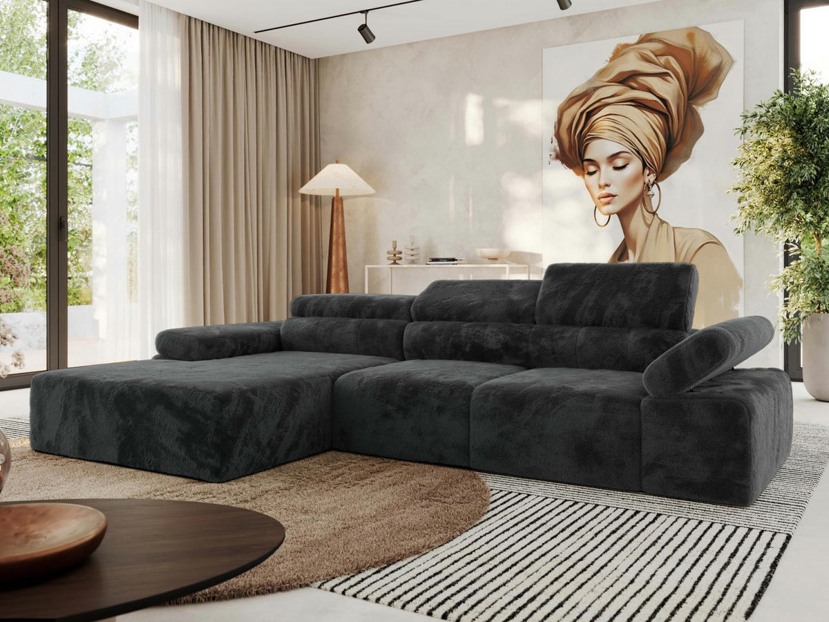 ECKSOFA RILASSO L Dunkelgrau Plüsch - links - Dunkelgrau/Schwarz, Kunststoff/Textil (296/174cm) - MKS