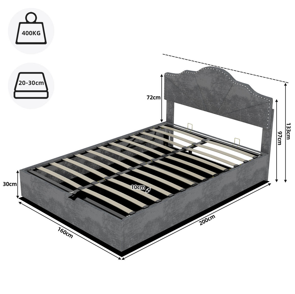 POLSTERBETT 160/200 cm grau aus Stoff und Metall mit Bettkasten - Grau, Textil (160/200cm) - OKWISH