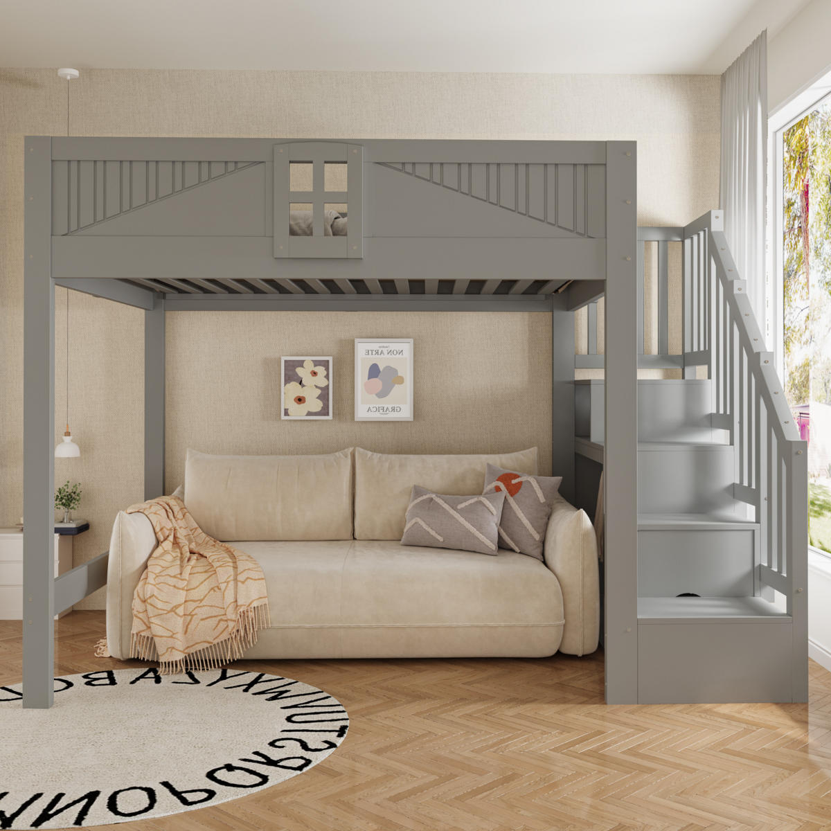 MASSIVHOLZ-HOCHBETT 140 x 200 cm mit Fenster und Leiter, Grau - Grau, Holz (140/200cm) - FLIEKS