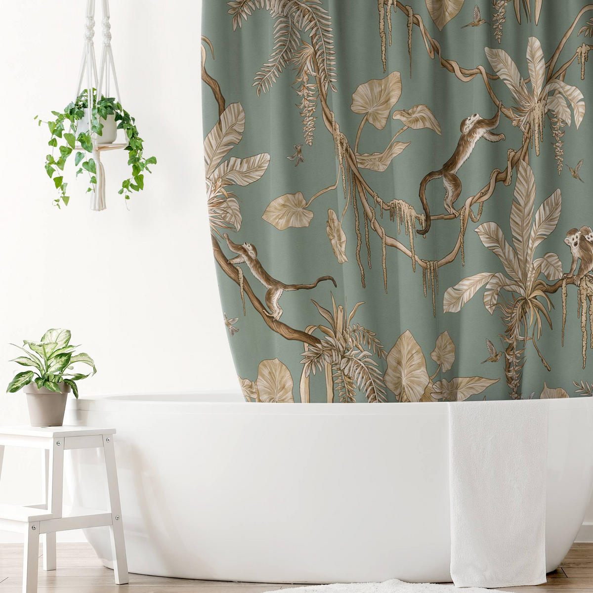 DUSCHVORHANG Verspielte Affen im Dschungel Vintage Türkis 180/180 cm - Blau, Textil (180/180cm) - Bilderwelten