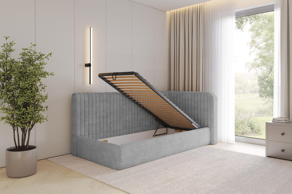 EINZELLBETT Jugendbett mit Bettkasten und Matratze H3/H4, Links - AURY 100x200 Grau - Hellgrau, Holzwerkstoff/Textil (100/200cm) - ALTDECOR