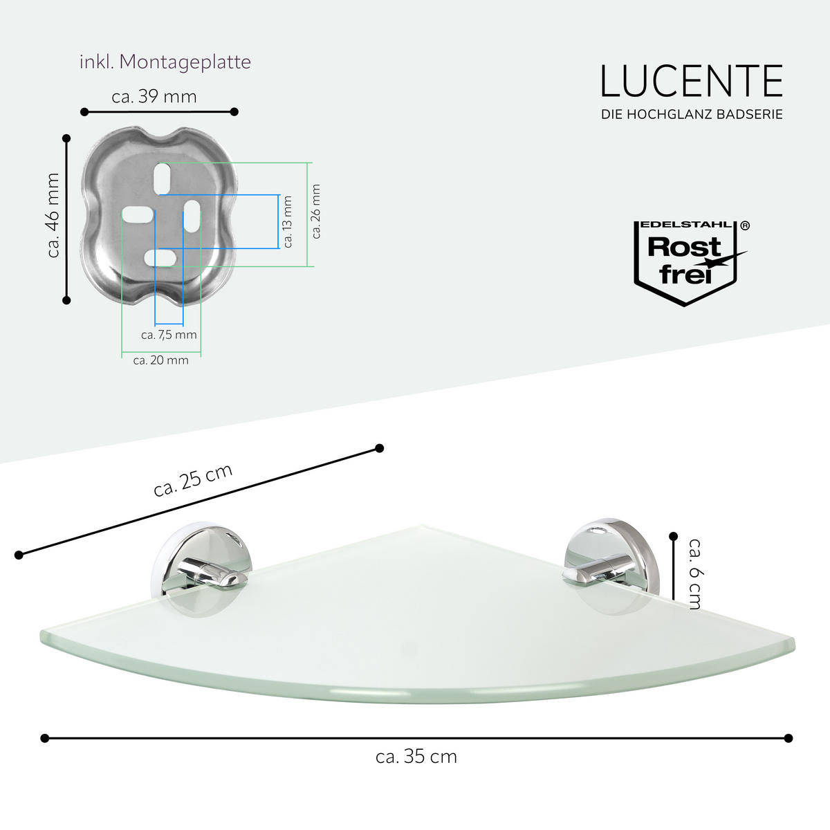 GLASECKABLAGE LUCENTE, Edelstahl, verchromt - Chromfarben, Metall (35/6/25cm) - bremermann