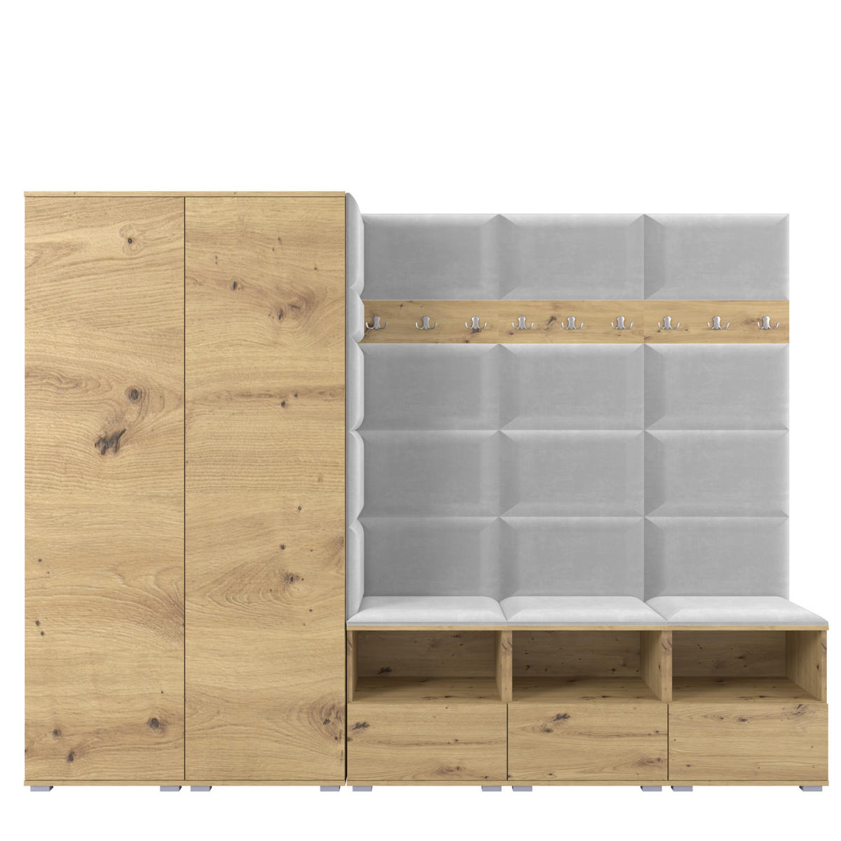 GARDEROBE NELA VII 250 cm (Modulare Flurmöbel XL Artisan Eiche mit Sitzpolster Hellgrau 32 2 Schränke) - Silberfarben/Hellgrau, Holz/Holzwerkstoff (250/187/40cm) - Ravio