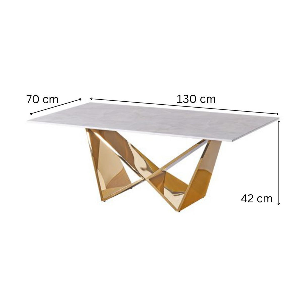 DESIGN-COUCHTISCH CENTO Rechteckiger Wohnzimmertisch in Marmor-Optik mit geometrischem Edelstahl-Gestell (130 x 70 cm) - Goldfarben, Metall (70/130/42cm) - alesvelt