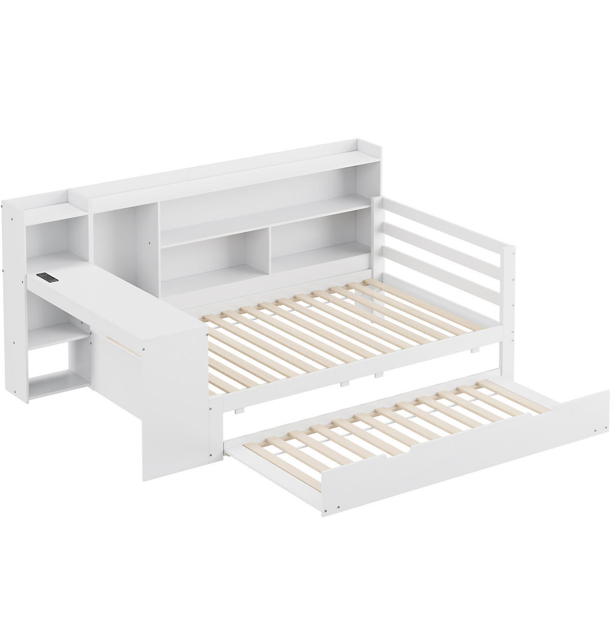 MULTIFUNKTIONSBETT 90x200 cm in Weiß mit Ausziehbett, Schreibtisch und Steckdose - Weiß, Holzwerkstoff (90/200cm) - IVMEU