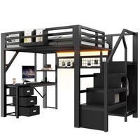 HOCHBETT 140x200 cm in Schwarz mit Schreibtisch, Kleiderschrank und LED-Beleuchtung - Schwarz, Holzwerkstoff (140/200cm) - IVMEU