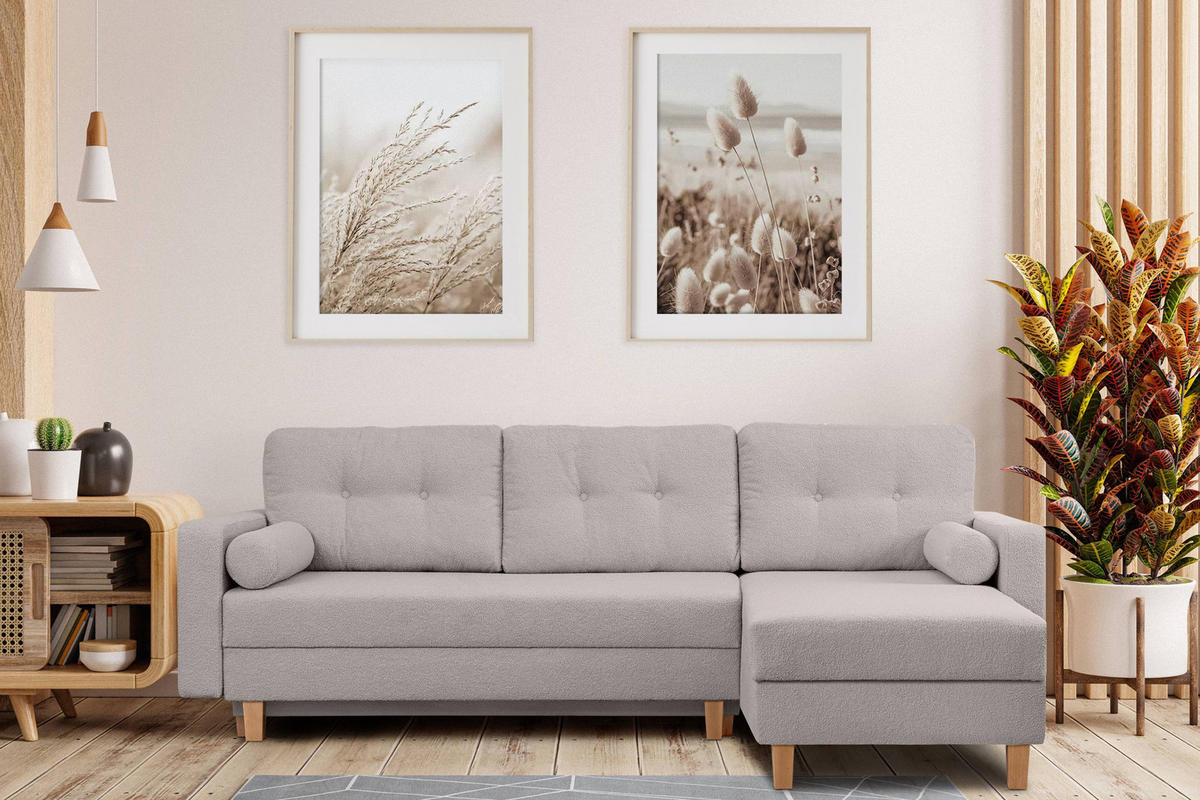 ECKSCHLAFSOFA ERISO 3/4 Sitzer und Universalecke mit Ottoman, Bouclé-Stoff, aschfahl - Hellgrau/Braun, Textil (240/183cm) - KONSIMO®