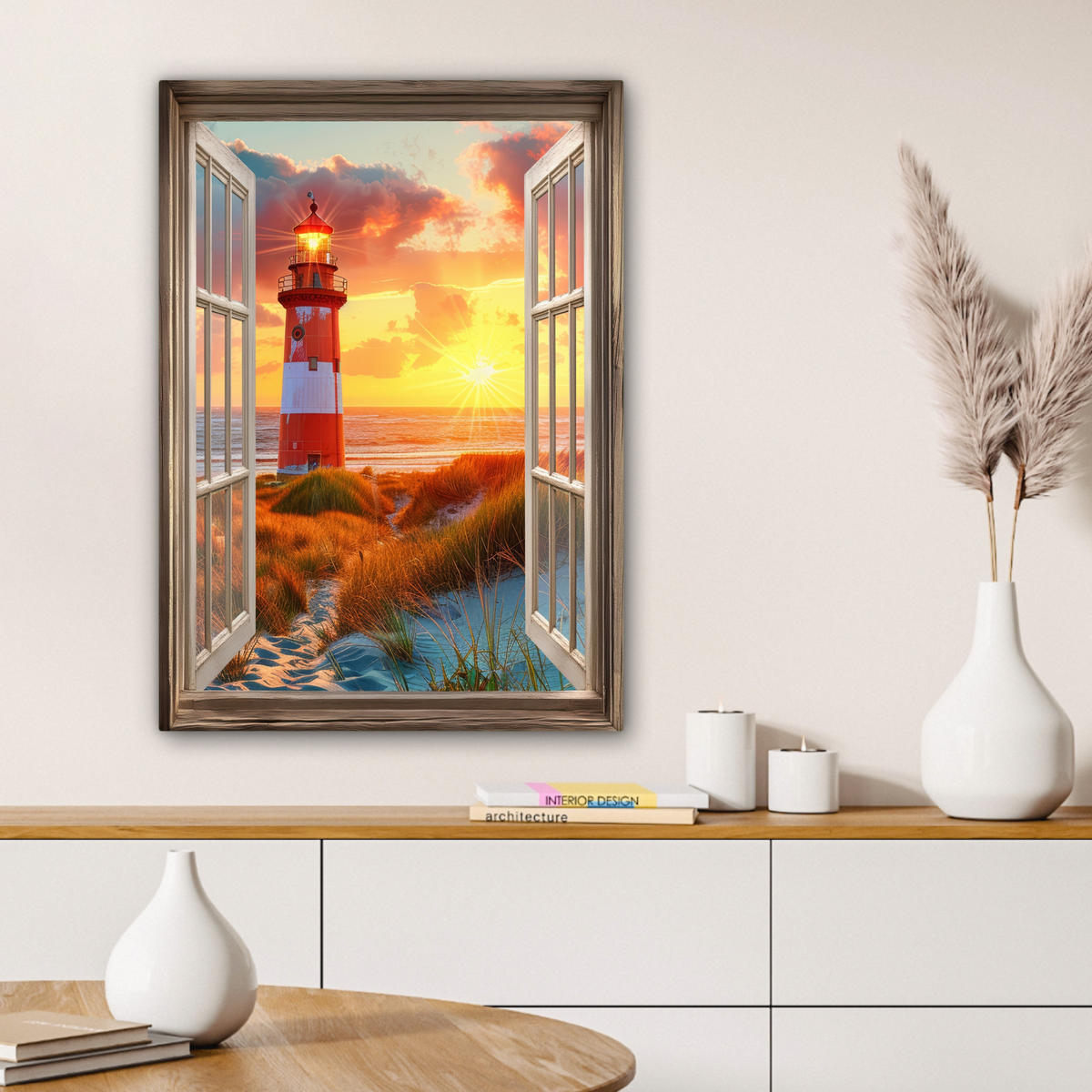 LEINWANDBILD Aussicht - Fenster - Leuchtturm - Sonnenuntergang - Strand 60x80 cm - Dunkelorange, Textil (60/80cm) - MuchoWow