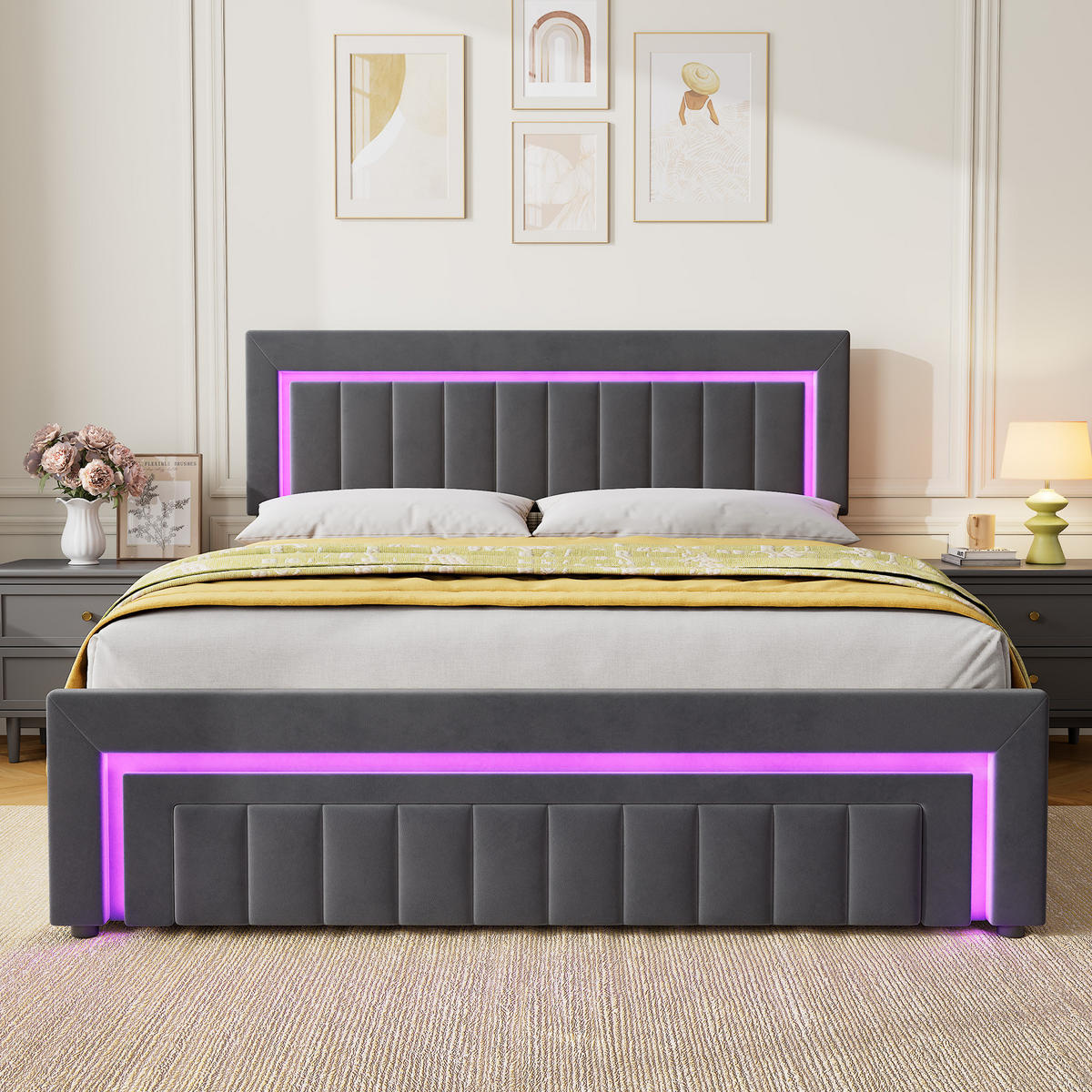 POLSTERBETT 160/200 mit Bettkasten und Schubladen , mit LED, ohne Matratze - Grau, Holzwerkstoff/Textil (160/200cm) - STILVORA