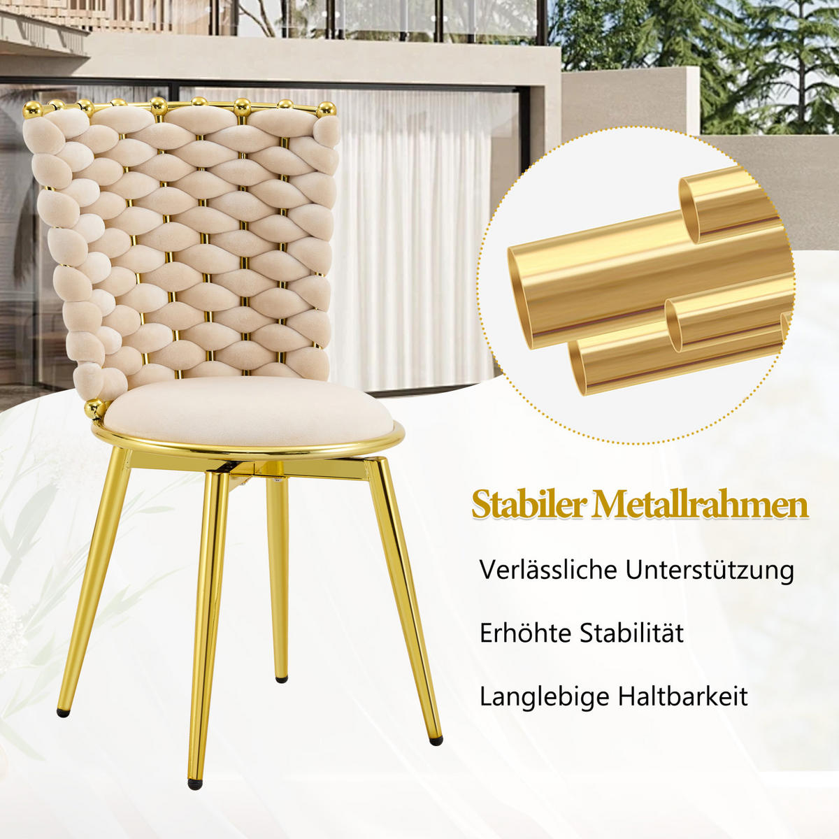 ESSZIMMERSTUHL 2er-Set Samt Beige mit goldfarbenen Metallbeinen - Beige, Metall (50.8/87.63/53.3cm) - Meubliv