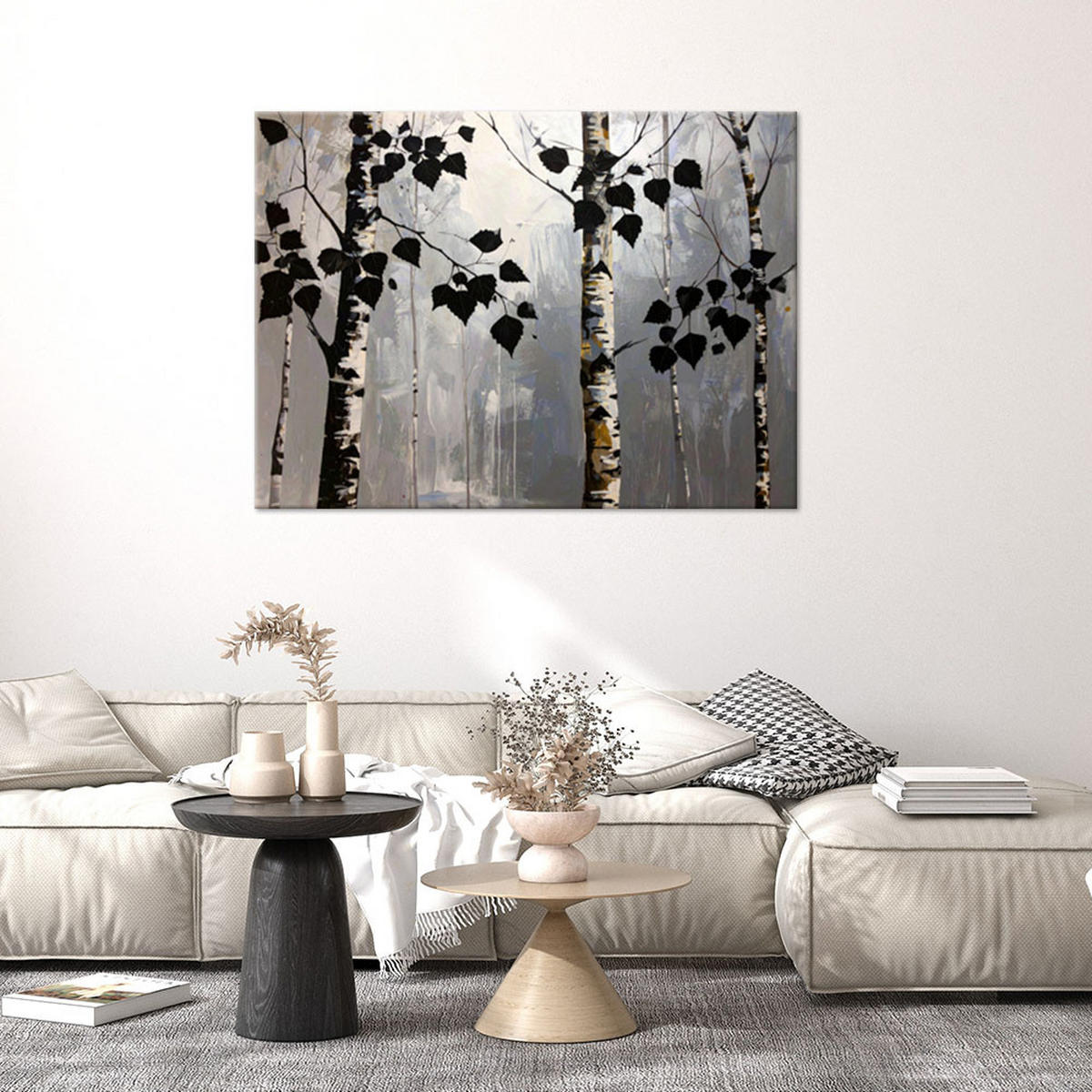 BILD auf Leinwand, Birkenwald Natur schwarze Blätter - Schwarz, Textil (120/80cm) - Feeby