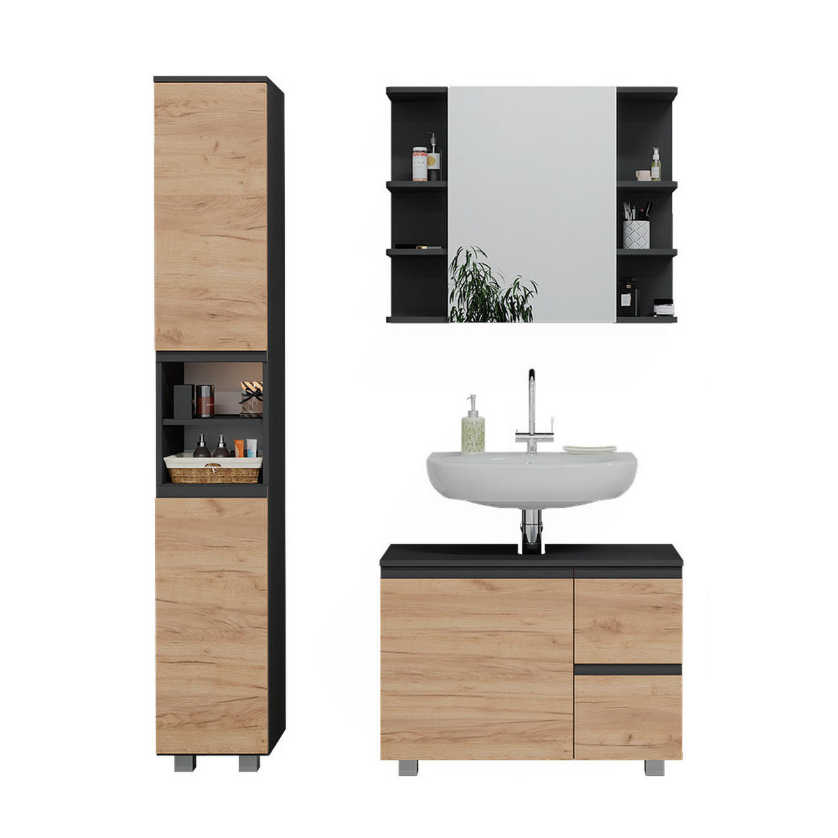 BADMÖBEL-SET J-Shape Grau 3 Teile, mit Hochschrank - Eichefarben/Grau, Holzwerkstoff (80/60/33cm) - Vicco