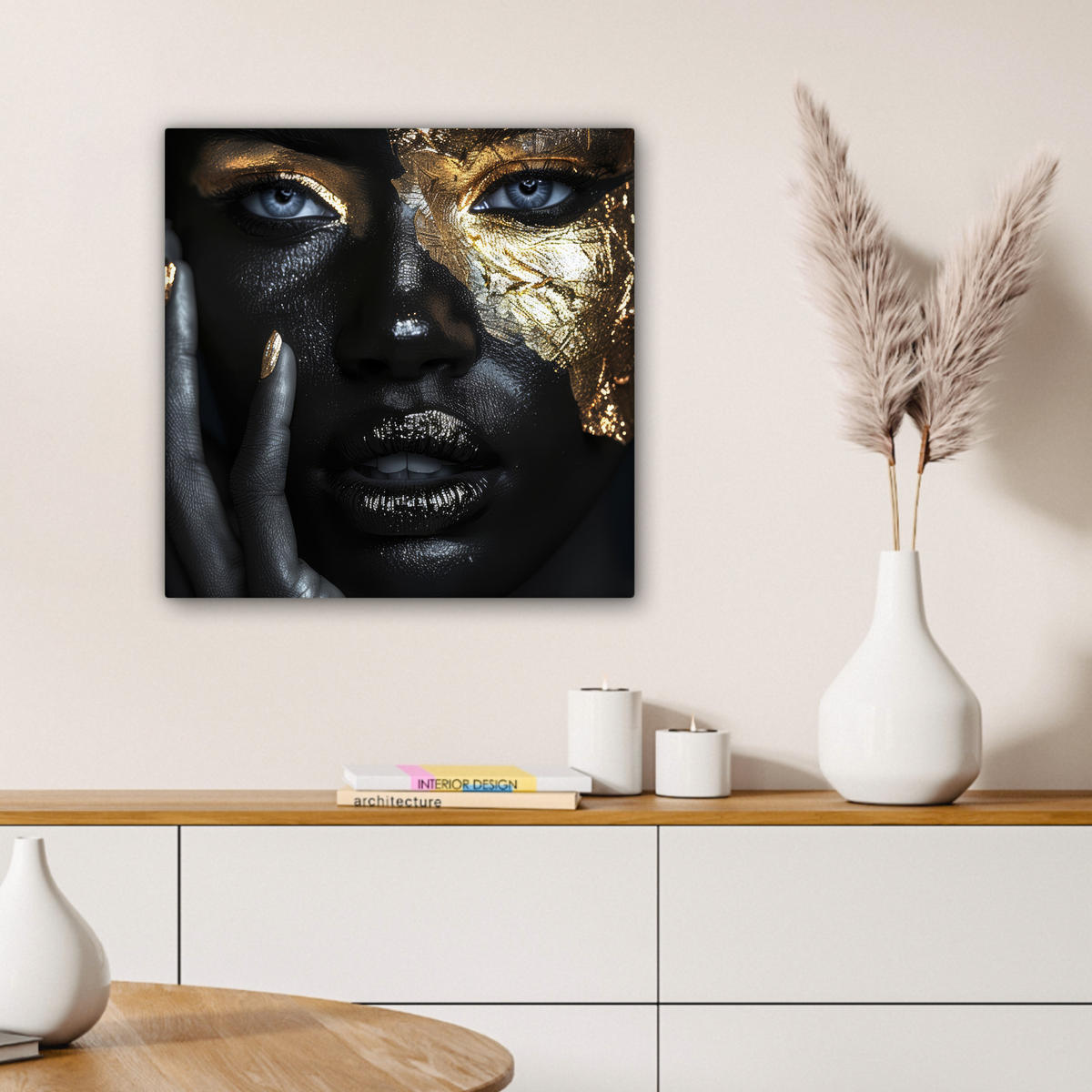 LEINWANDBILD Frau - Gold - Porträt - Schwarz-Weiß - Luxus 50x50 cm - Hellblau, Textil (50/50cm) - MuchoWow