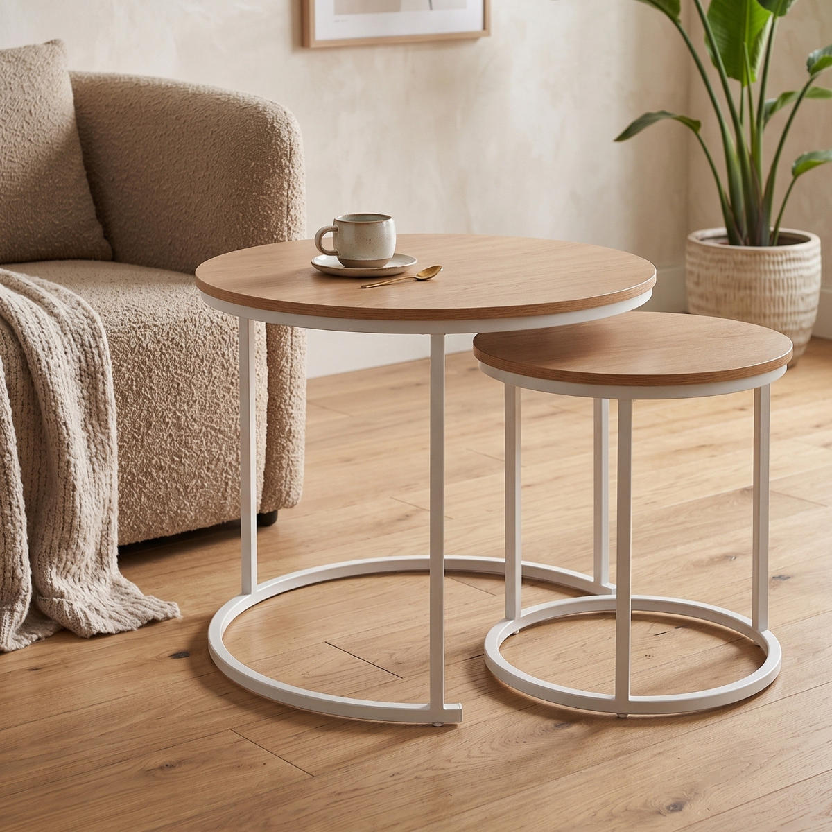 COUCHTISCH 2er-Set rund Weiß, Braun - Braun, Metall (60/60/50cm) - SCENA LIVING