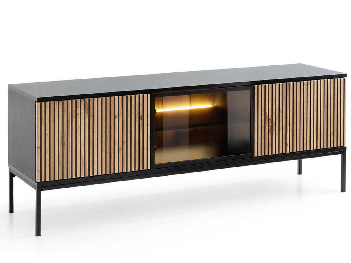 TV-SCHRANK Graphit, Wotan Eichefarben 154 cm Deo - Eiche Wotan/Schwarz, Naturmaterialien/Glas (154/56/39cm) - Graingold