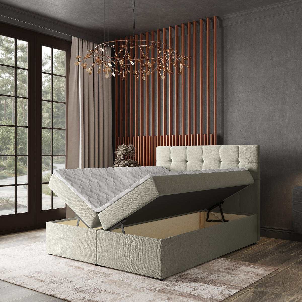 BOXBETT PALMA 160x200 cm mit Matratze und Topper, H2+H3 - Creme - Creme, Holz (160/200cm) - MASSENO
