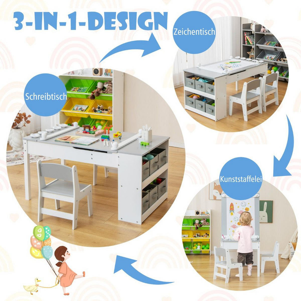 KINDERTISCH mit Stuhl grau(3-tlg) - Grau, Holzwerkstoff (109/55/60cm) - COSTWAY