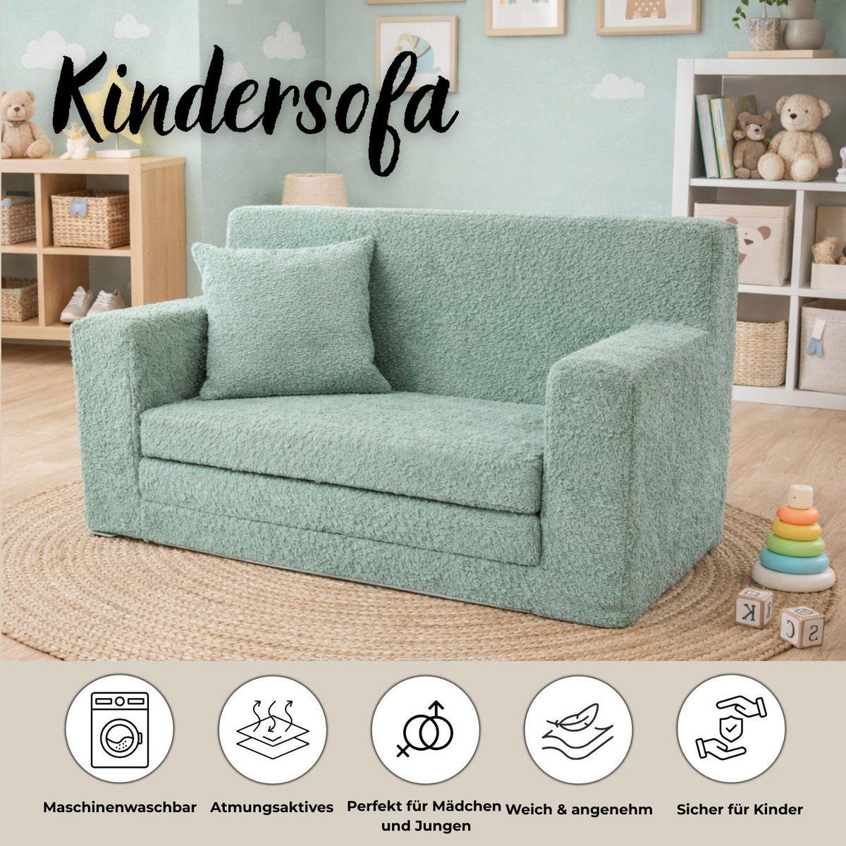KINDERSOFA David – Stilvoller Komfort für das Kinderzimmer - In den Trendfarben - Hellgrün, Textil (83/47/43cm) - Fortisline