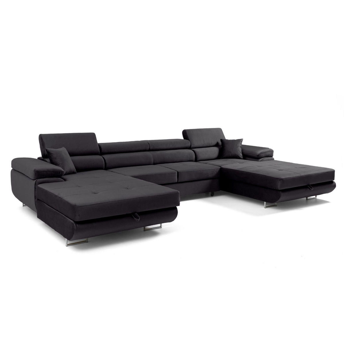 ECKSOFA U-Form ALONZO U mit Schlaffunktion 130x280 Velours Schwarz - Silberfarben/Schwarz, Holz/Textil (350/90/203cm) - Muffo