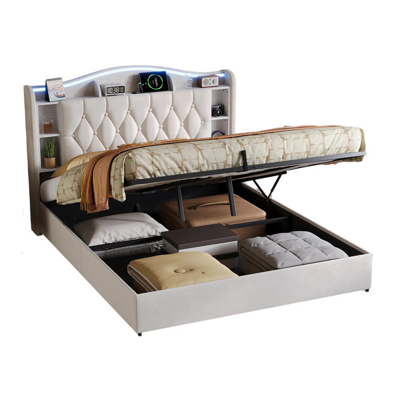 POLSTERBETT 140/190 cm beige mit Stauraum, LED und USB - Beige, Holz