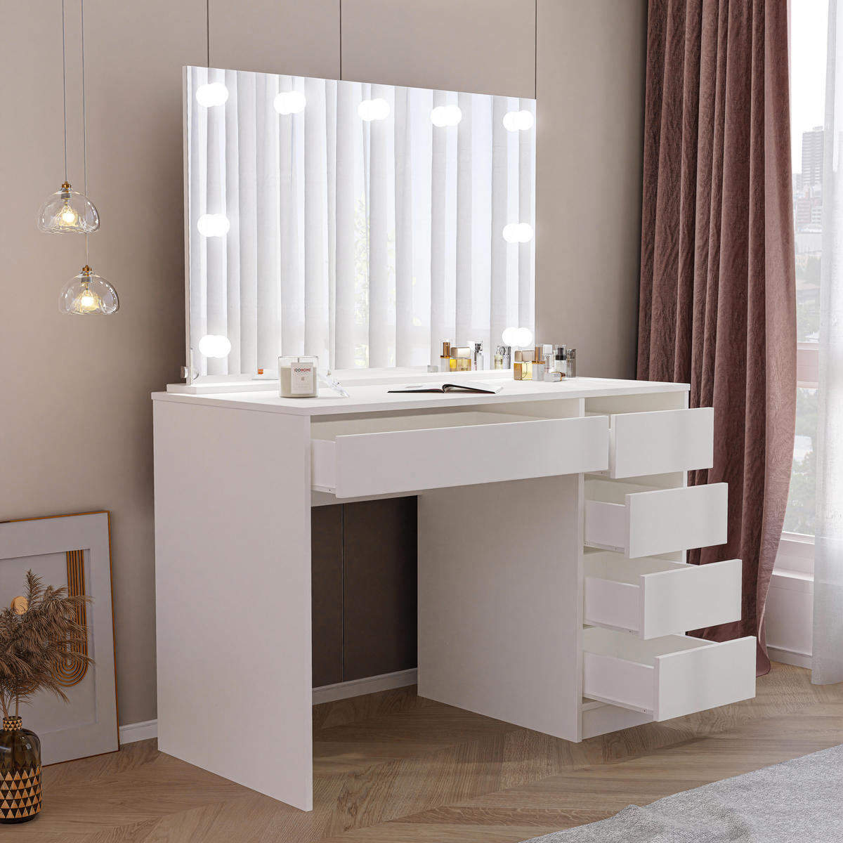SCHMINKTISCH Bella Weiß 110 cm mit Spiegel und LED Beleuchtung - Weiß, Holzwerkstoff (110/77/55cm) - Idohome