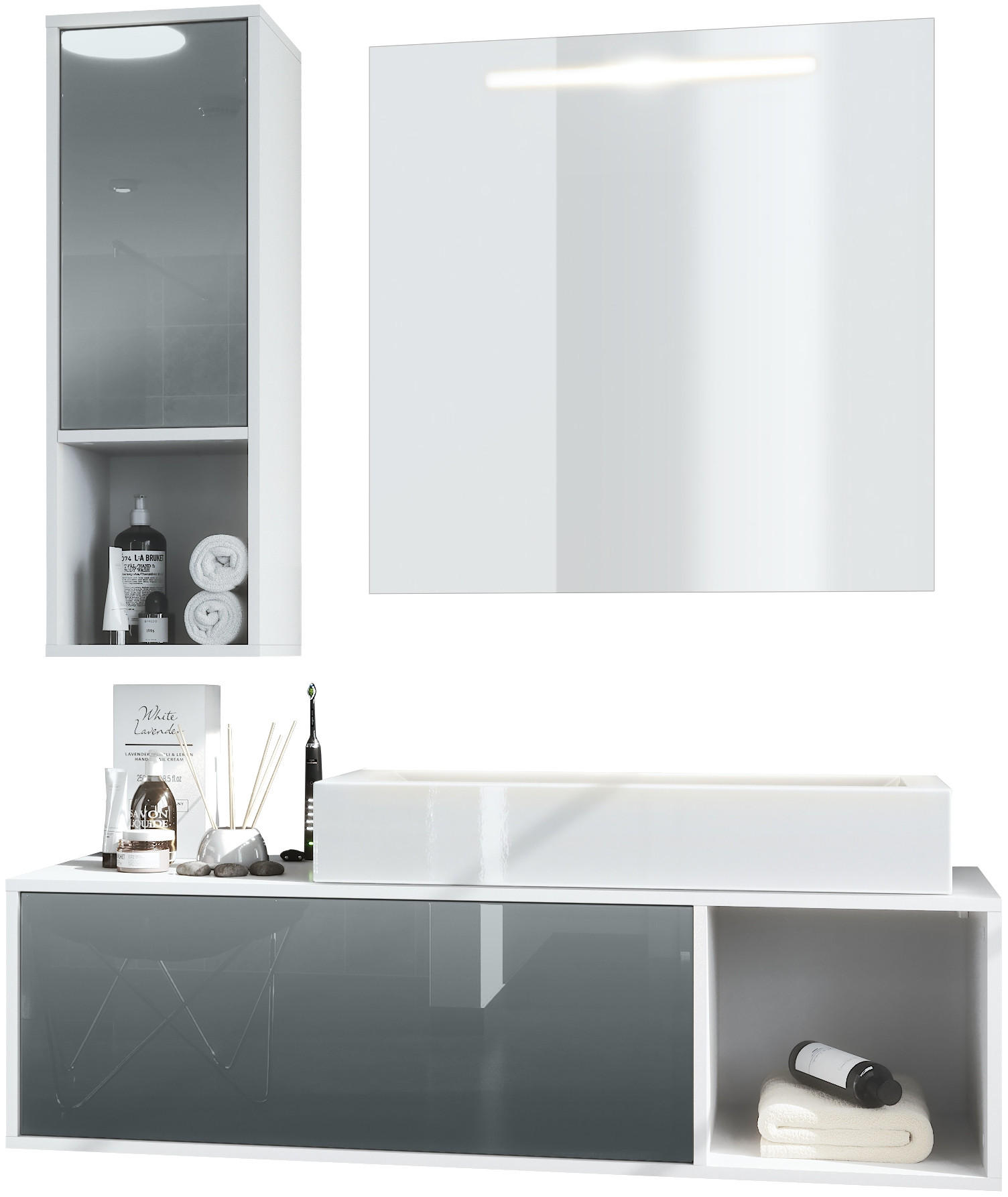 BADMÖBELSET La Costa Fronten in Grau Hochglanz - Grau, Holzwerkstoff (126.5/190/46cm) - Vladon