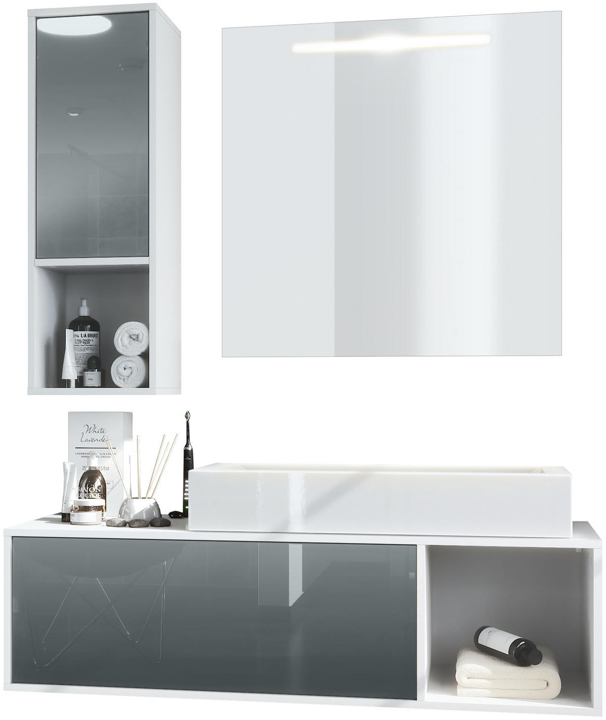 BADMÖBELSET La Costa Fronten in Grau Hochglanz - Grau, Holzwerkstoff (126.5/190/46cm) - Vladon