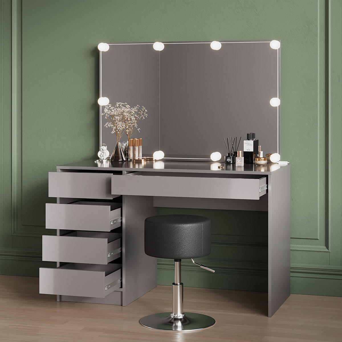 SCHMINKTISCH-SET Imola Grau 120 cm mit Hocker - Grau, Holzwerkstoff (120/75/55cm) - Livinity®