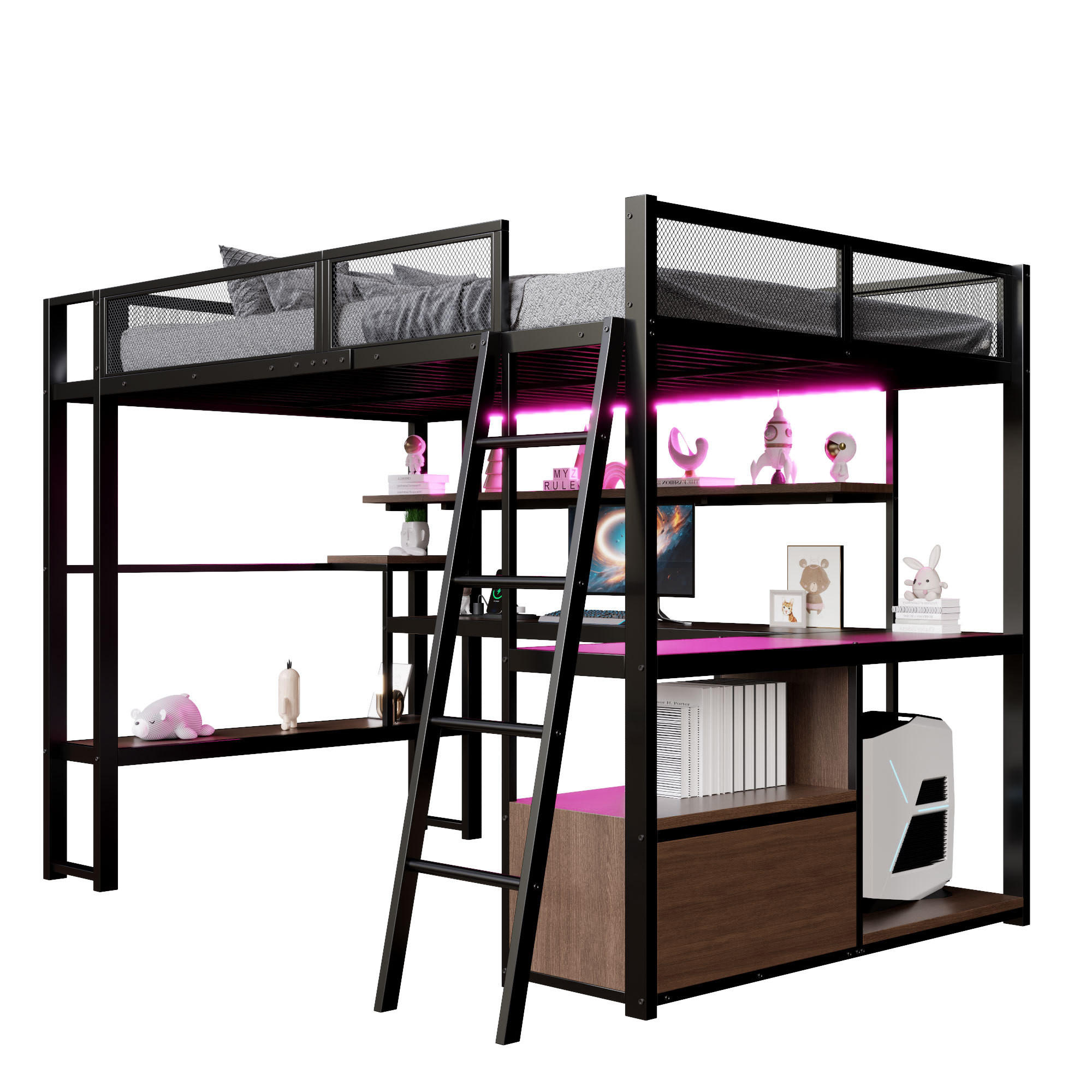 HOCHBETT 140/200 cm in Schwarz mit LED, Ladestation und Stauraum aus Metall - Schwarz, Metall (140/200cm) - CHICFURN