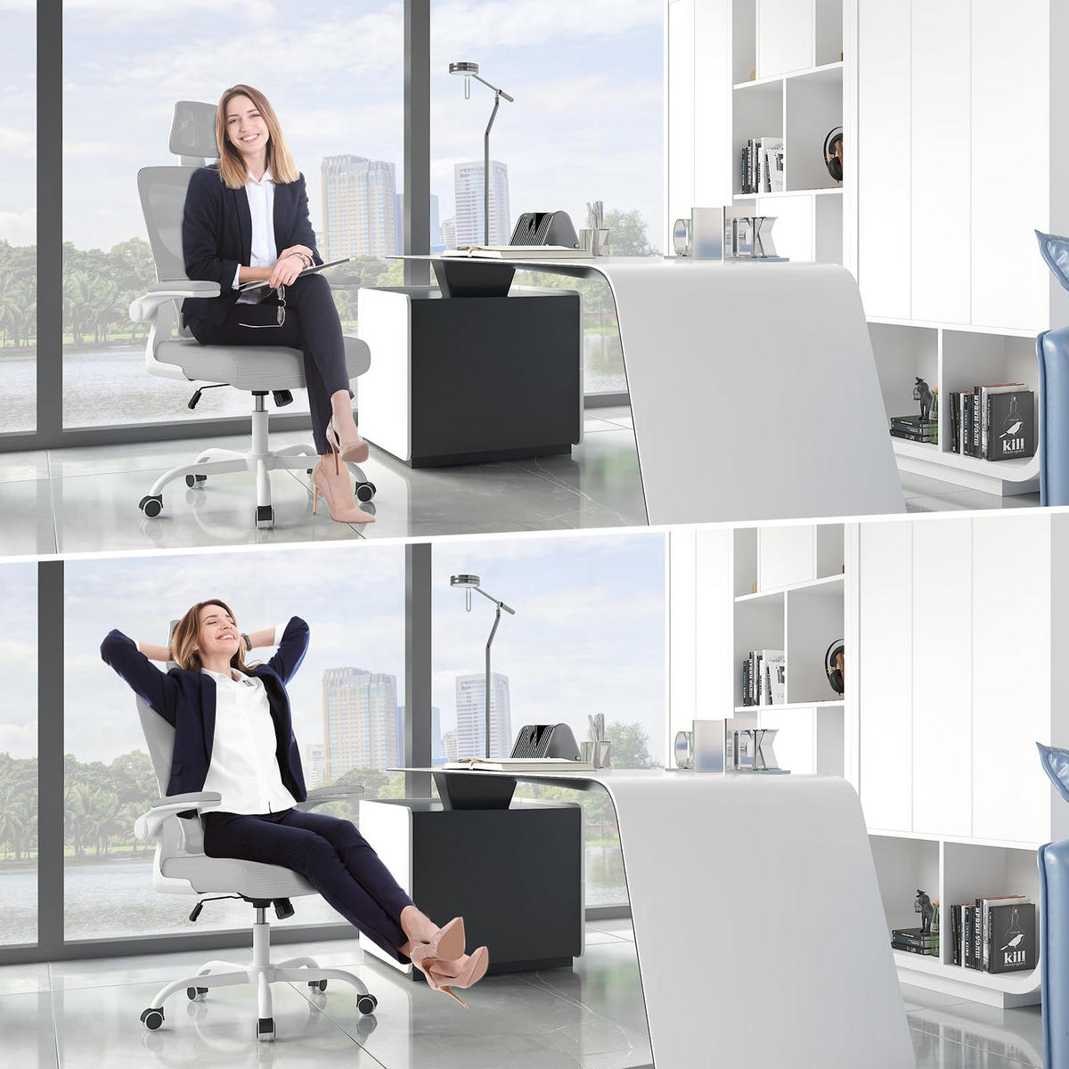 BÜROSTUHL Weiß-Grau ergonomisch mit klappbaren Armlehnen - Grau, Metall (25/52.5/65cm) - Rattrix