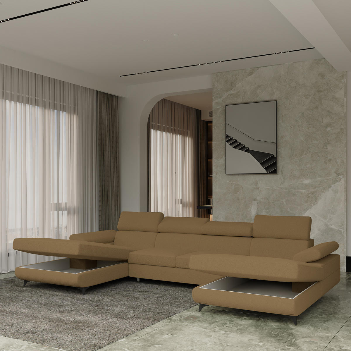 WOHNLANDSCHAFT DETTI Orange Boucle-Stoff mit Schlaffunktion - Orange, Holz (339/89/190cm) - MASSENO