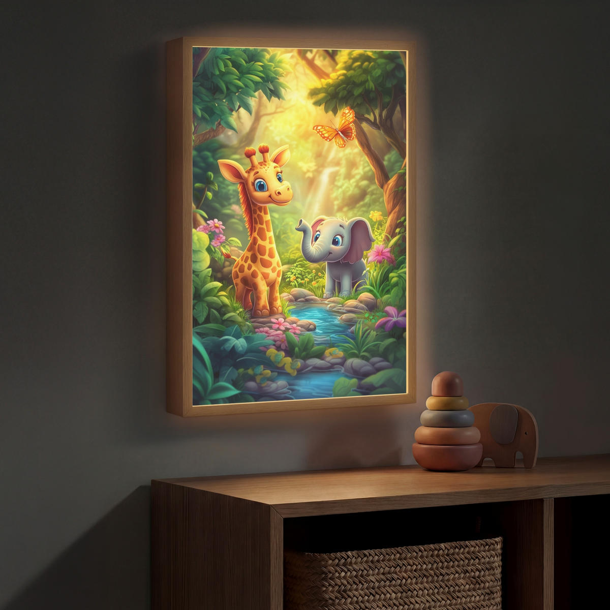 WANDLEUCHTE MIT AKKU Giraffe - Elefant - Blumen - Dschungel 40x60 cm - Grün, Holzwerkstoff (40/60/8cm) - OnlyWow
