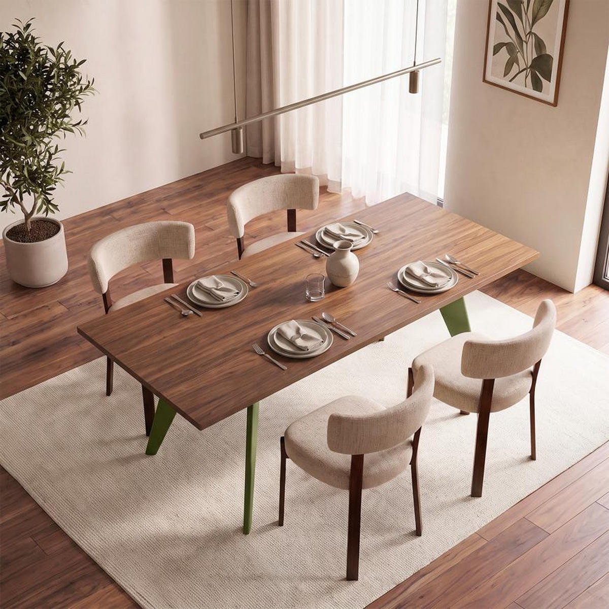 ESSTISCH ausziehbar 140/180cm Metallbeine Khaki und Tischplatte Nussbaum-Optik Meloe - Nussbaumfarben/Grün, Holzwerkstoff/Metall (90/140/76cm) - Sicaan