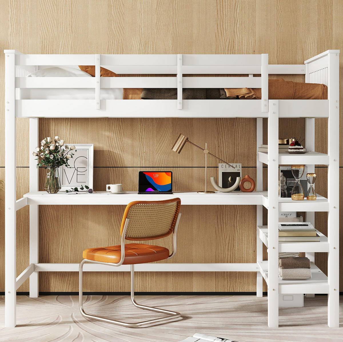 HOCHBETT aus Kiefer und MDF 90x200 cm Weiß mit Schreibtisch, Ablagefächern und Regalleiter - Weiß, Holzwerkstoff (90/200cm) - Modfu