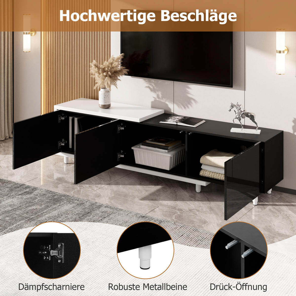 TV-SCHRANK ausziehbar 3 Türen Hochglanz Metallfüße modern - Multicolor, Holzwerkstoff (38/48.5/258cm) - FLIEKS