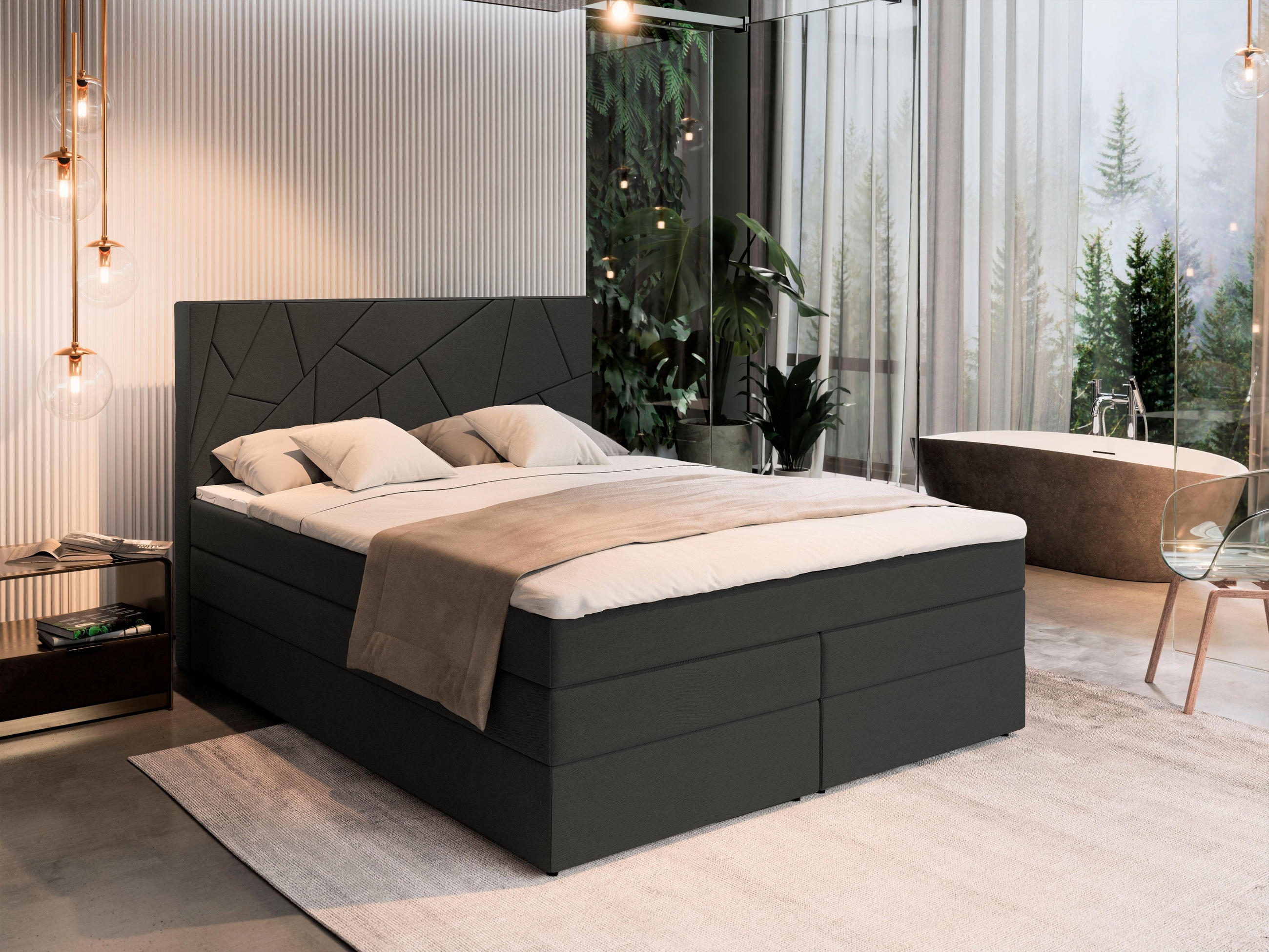 BOXBETT TRANI 160x200 cm mit Matratze und Topper - Schwarz - Schwarz, Holz (160/200cm) - MASSENO