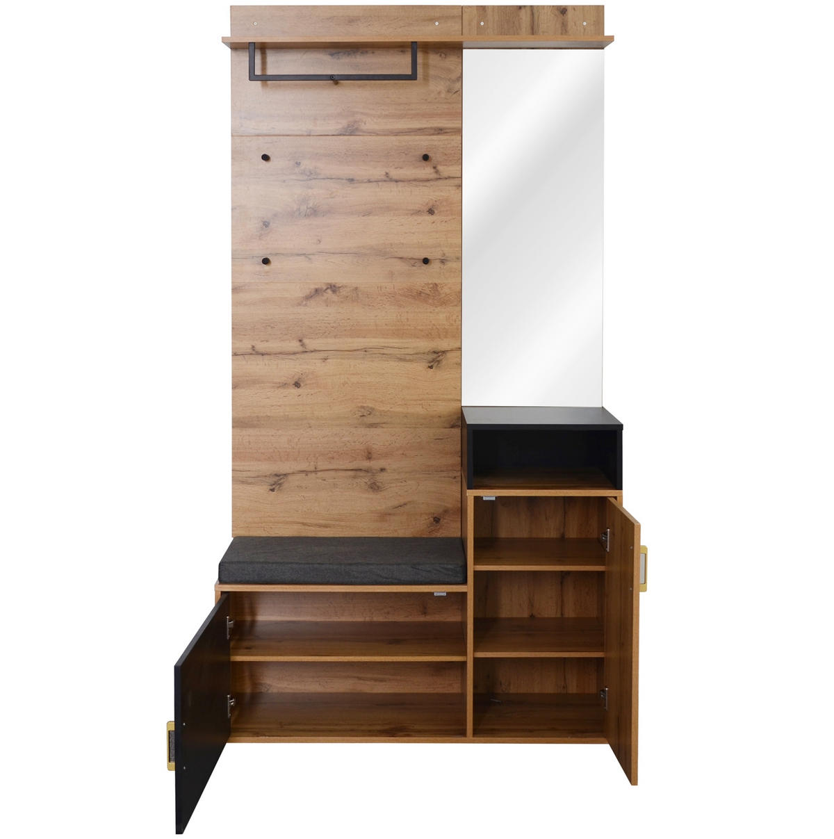 GARDEROBENSET 105/40/191,5 cm mit Spiegel, Schuhschrank, Sitzbank und Garderobenstange aus MDF und Spanplatte, Schwarz/Holzfarben - Schwarz, Holzwerkstoff (105/191/40cm) - Redom