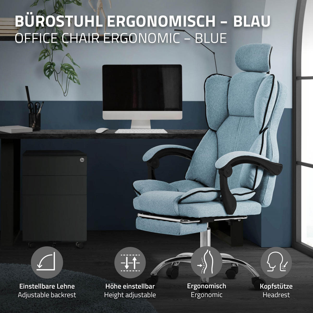 BÜROSTUHL - Blau, Metall (66/130.5/59cm) - ML-DESIGN