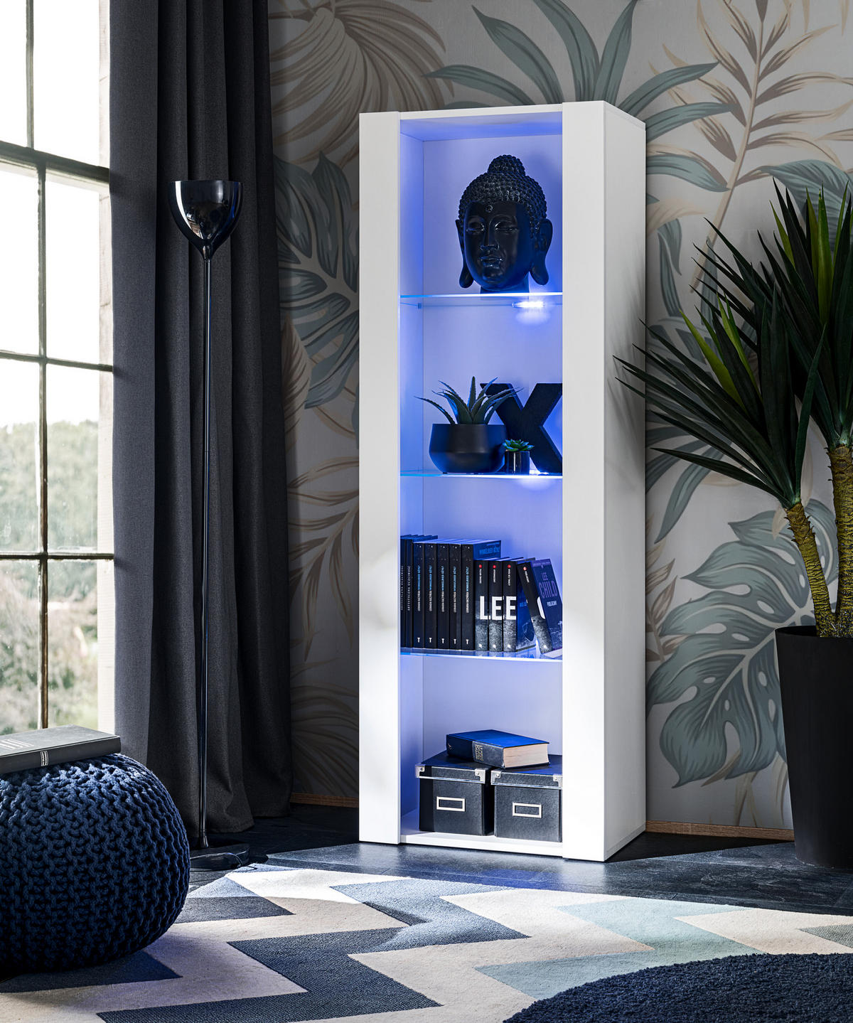 VITRINE TIVOLI, Weiß + Weiß, LED Blau - Weiß, Glas/Holzwerkstoff (55/159/35cm) - Komodee