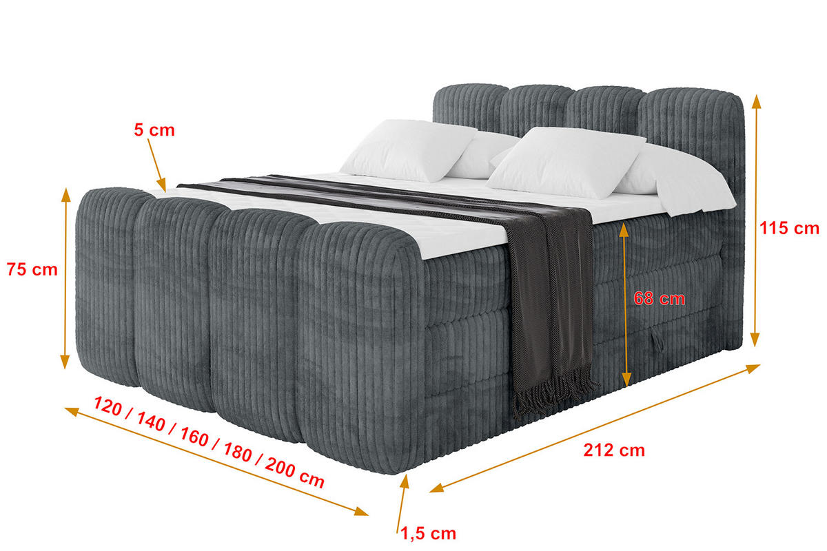 BOXBETT mit Matratze H3|H4 und Lattenrost - NINA-Z KING - 180x200 cm - Dunkelgrau - Schieferfarben, Holzwerkstoff (180/200cm)