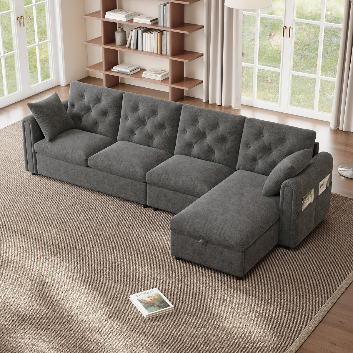 ECKSOFA 281/132/86 cm Grau mit 2 Stauraum und Magazintaschen - Grau, Textil (281/132cm) - Oxeza