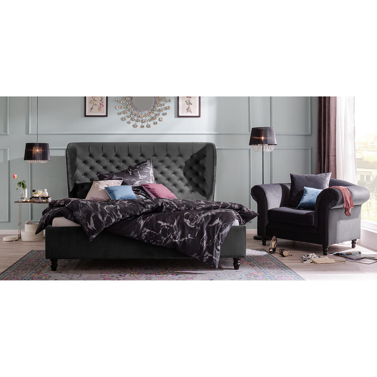 POLSTERBETT - Samt - Grau, Textil (140/200cm) - home24