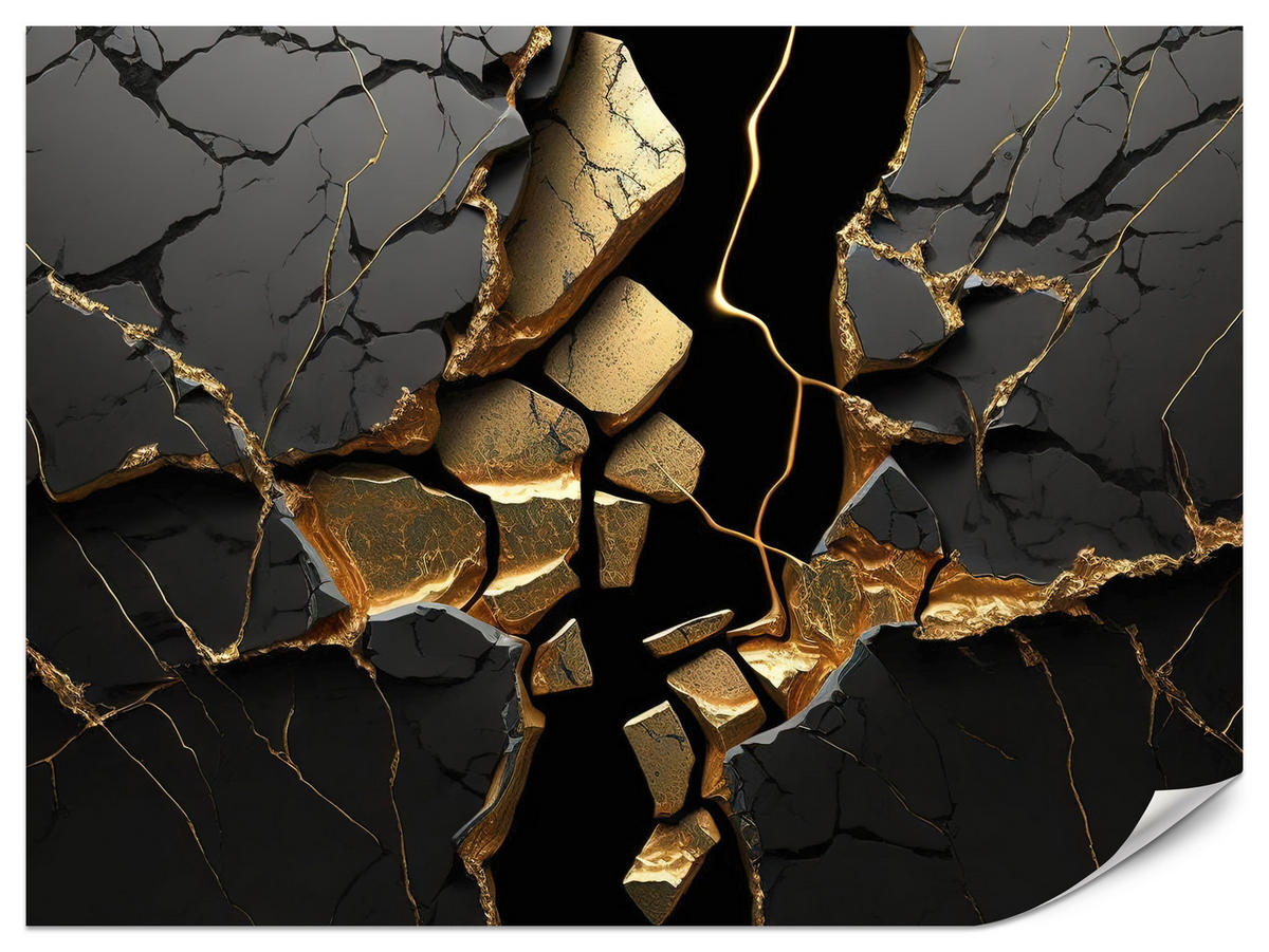 FOTOTAPETE für Wohnzimmer Schwarzer Abstrakter Marmor Gold Risse Wand 200x140 - Schwarz, Papier (200/140cm) - Muralo