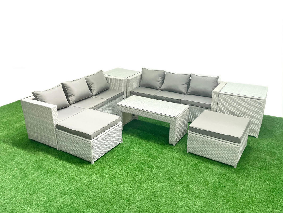 GARTENSOFA hohe Rückenlehne Polyrattan Hellgrau-Mix 8-Sitzer - Hellgrau/Grau, Glas/Kunststoff - Fimous